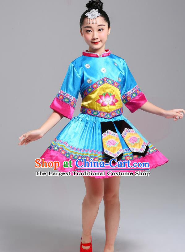 Chinese Guangxi Nationality Girl Blue Dress Outfits Zhuang Ethnic Festival Costumes Yi Minority Folk Dance Clothing