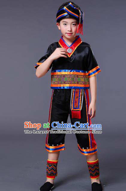Chinese Yi Minority Folk Dance Clothing Yao Nationality Children Black Outfits Ethnic Festival Costumes
