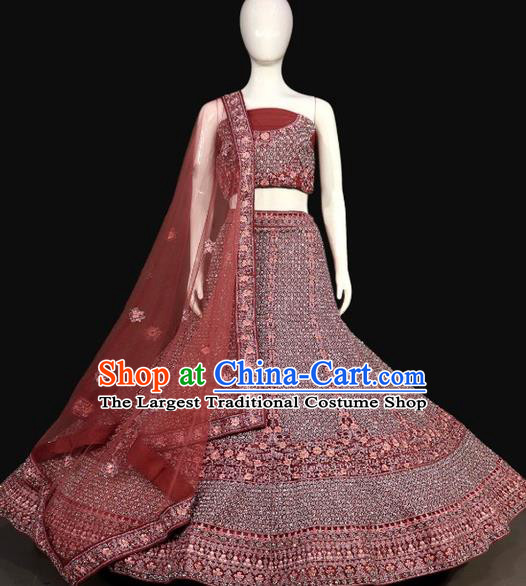 Top India Wedding Clothing Bride Lengha Garment Indian Traditional Embroidered Brick Red Dress Outfit