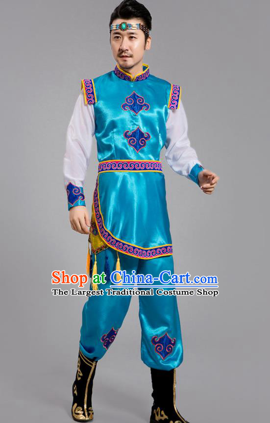 Chinese Mongol Nationality Men Blue Outfits Ethnic Folk Dance Costumes Mongolian Minority Festival Clothing