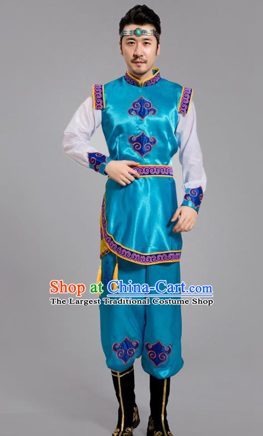 Chinese Mongol Nationality Men Blue Outfits Ethnic Folk Dance Costumes Mongolian Minority Festival Clothing