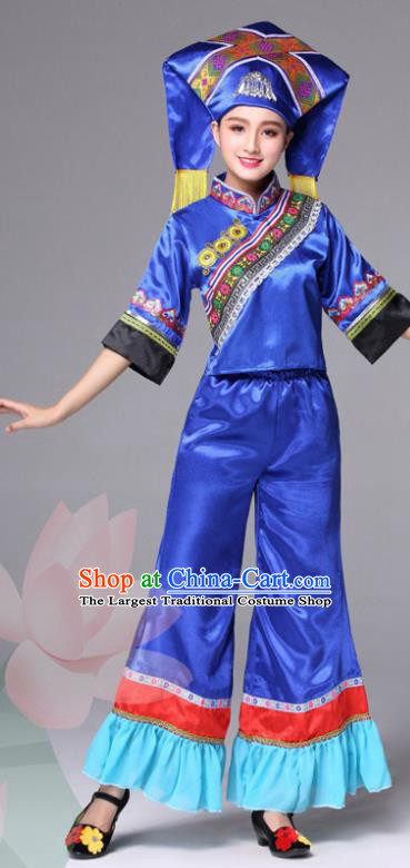 Chinese Ethnic Folk Dance Costumes Guangxi Minority Festival Clothing Zhuang Nationality Royal Blue Outfits and Headdress