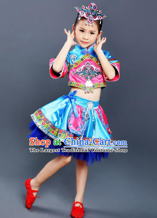 Chinese Yi Nationality Blue Dress Outfits Ethnic Folk Dance Costumes She Minority Children Festival Clothing