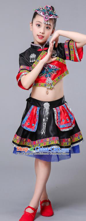 Chinese She Minority Children Festival Clothing Yi Nationality Black Dress Outfits Ethnic Folk Dance Costumes