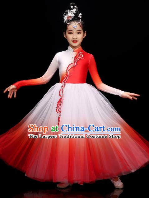 Chinese Children Dance Clothing Modern Dance Garment Costume Classical Dance Red Dress Traditional Fan Dancewear