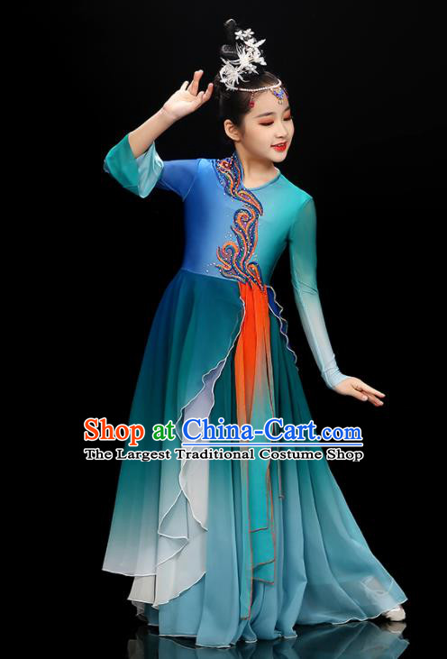 Chinese Opening Dance Garment Costume Fan Dance Blue Dress Traditional Dancewear Children Classical Dance Clothing
