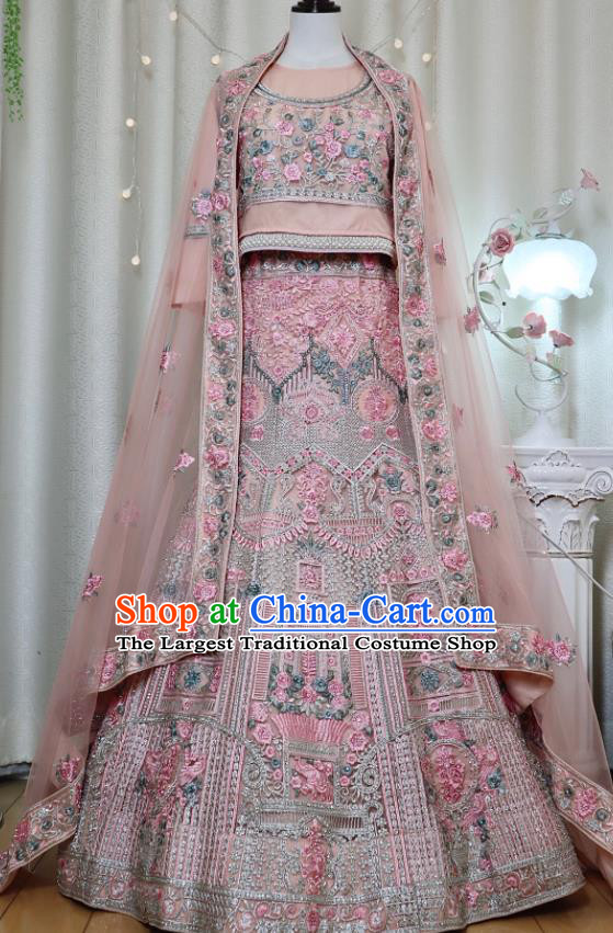 Indian Traditional Wedding Dress Top India Clothing Bride Lengha Garment Embroidered Pink Outfit