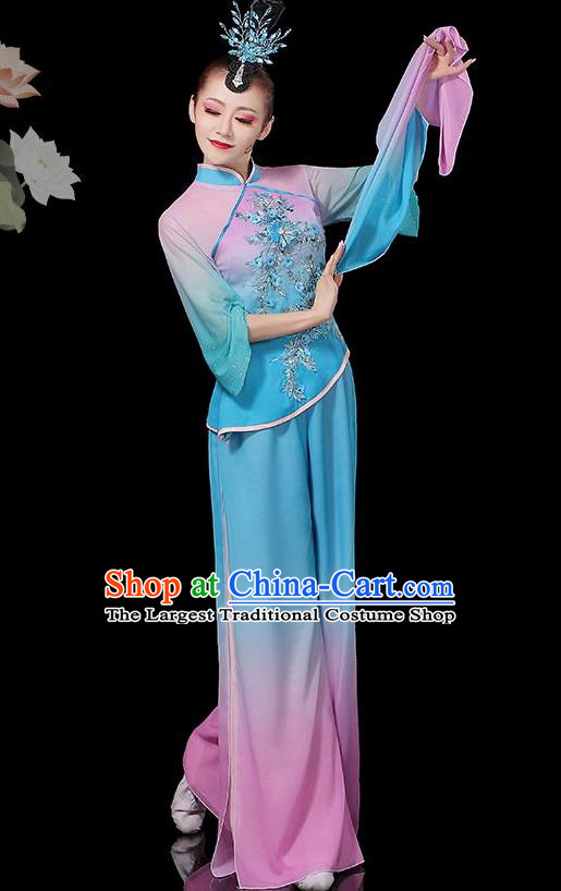 Chinese Folk Dance Garment Women Fan Dance Blue Outfit Yangko Dance Clothing Umbrella Dance Costumes