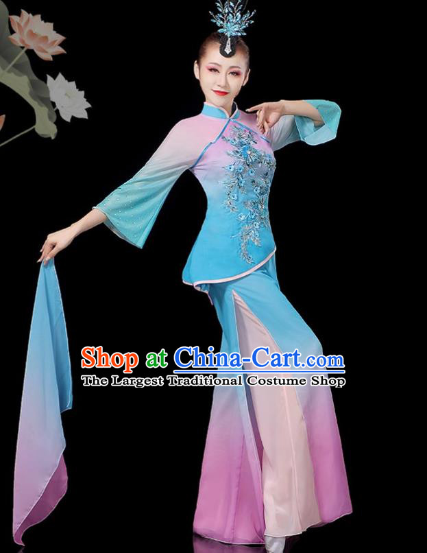 Chinese Folk Dance Garment Women Fan Dance Blue Outfit Yangko Dance Clothing Umbrella Dance Costumes