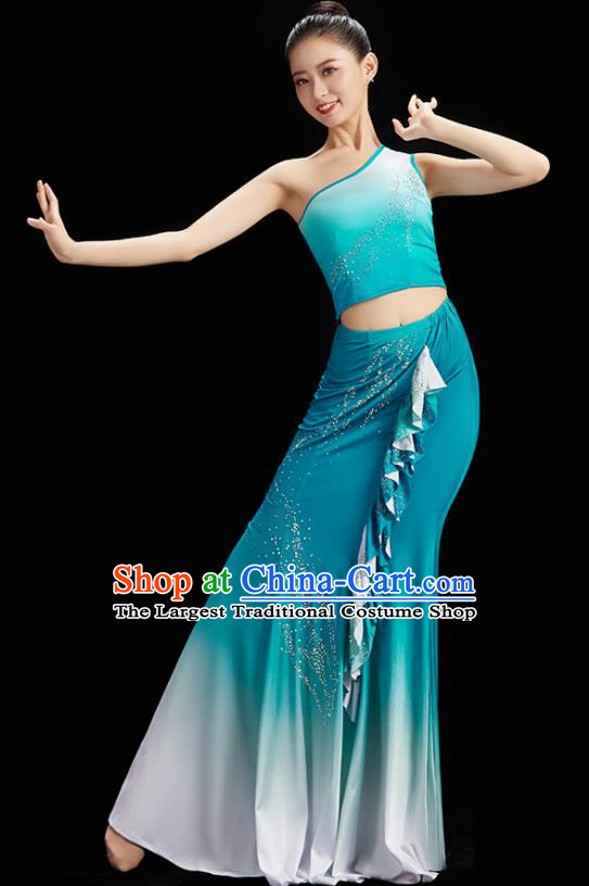 China Peacock Dance Blue Outfit Classical Dance Clothing Women Group Dance Dress Dai Nationality Dance Costume