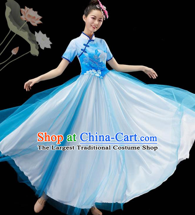 Chinese Classical Dance Clothing Women Chorus Group Costume Modern Dance Blue Dress Umbrella Dance Garment