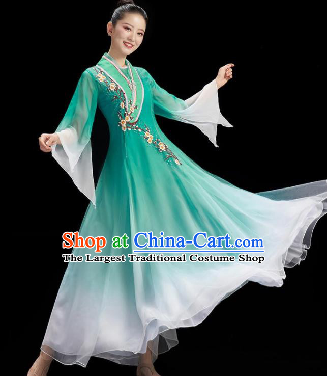 Chinese Women Group Dance Clothing Fan Dance Outfit Classical Dance Garment Costume Umbrella Dance Green Dress