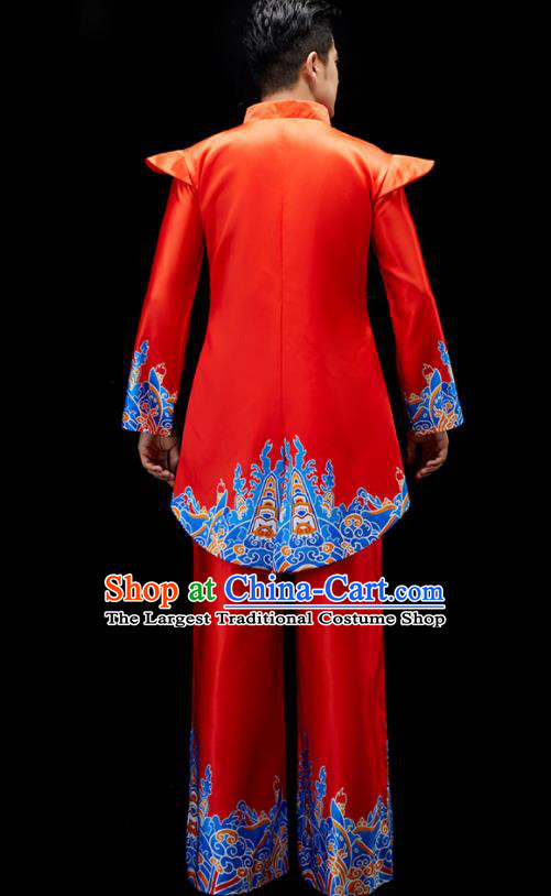 Chinese Drum Dance Clothing Men Folk Dance Costume Fan Dance Red Outfit Yangko Dance Garments