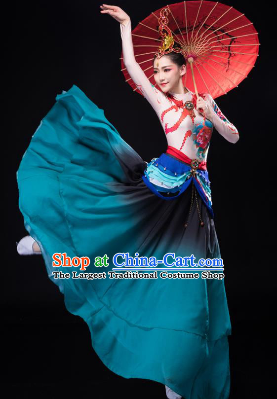 Chinese Stage Performance Turquoise Outfit Classical Dance Clothing Women Lotus Dance Garment Dunhuang Pipa Dance Costume