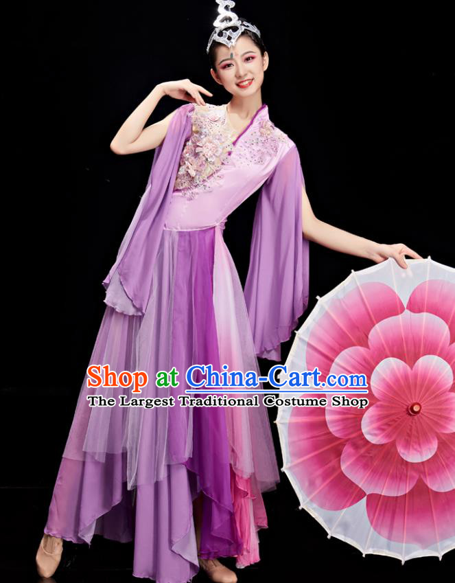 Chinese Stage Performance Purple Dress Outfit Umbrella Dance Clothing Women Group Dance Garments Classical Dance Costumes