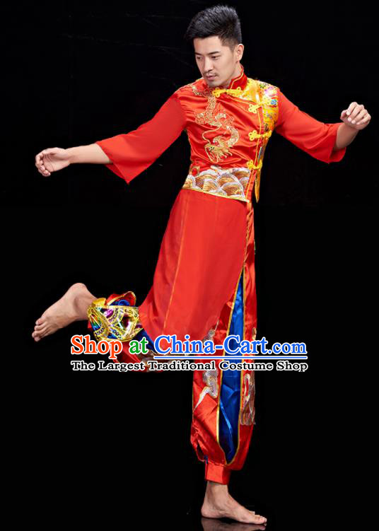 Chinese Folk Dance Costumes Stage Performance Red Outfit Drum Dance Clothing Men Yangko Dance Garments
