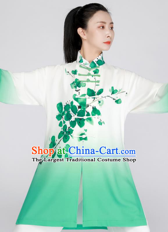 Chinese Tai Chi Training Outfit Kung Fu Costumes Tai Ji Competition Uniform Printing Peach Blossom Gradient Green Outfit