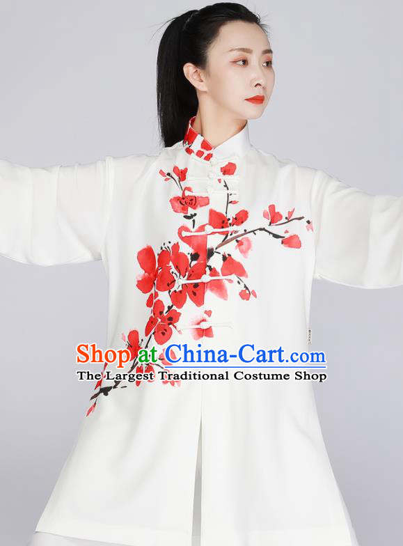 Chinese Printing Red Peach Blossom Outfit Tai Chi Training Outfit Kung Fu Costumes Tai Ji Competition White Uniform