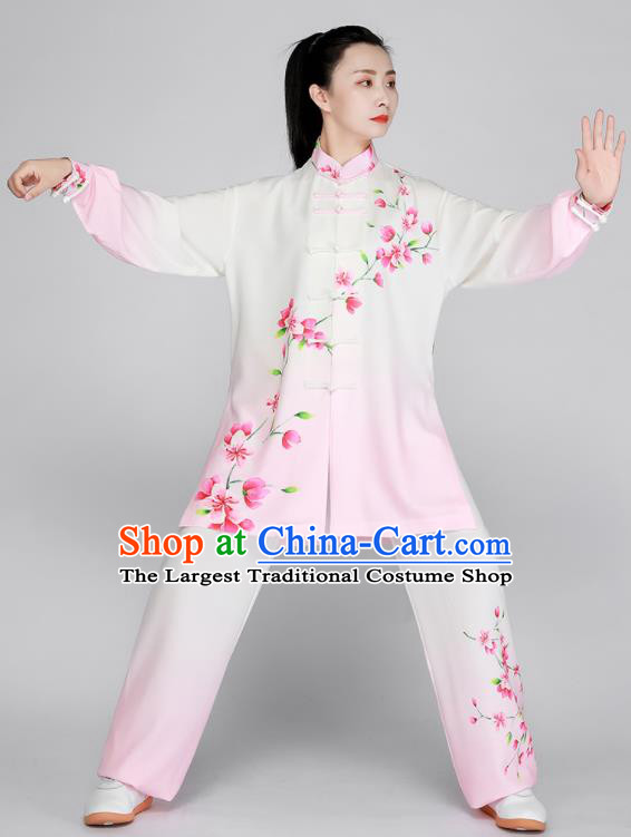 Chinese Tai Chi Outfit Kung Fu Costumes Top Tai Ji Training Light Pink Uniform Printing Peach Blossom Clothing