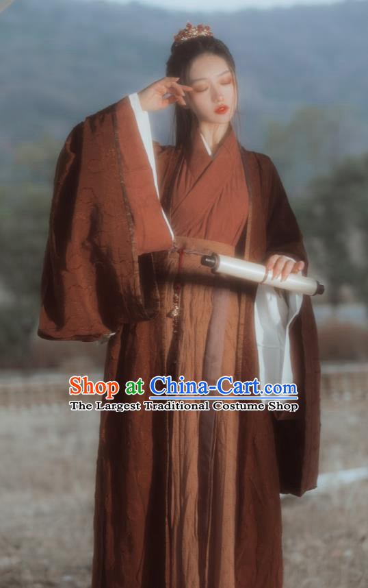 Chinese Jin Dynasty Historical Costumes Traditional Brown Hanfu Clothing Ancient Swordsman Garments