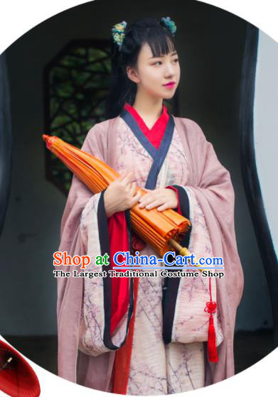 Chinese Ancient Young Lady Dress Garments Han Dynasty Princess Historical Costumes Traditional Hanfu Pink Straight Front Robe Clothing