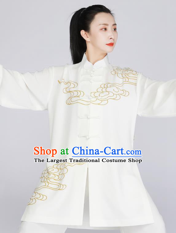Chinese Tai Chi Training Outfit Traditional Kung Fu Costumes Tai Ji Competition White Uniform Printing Clouds Outfit