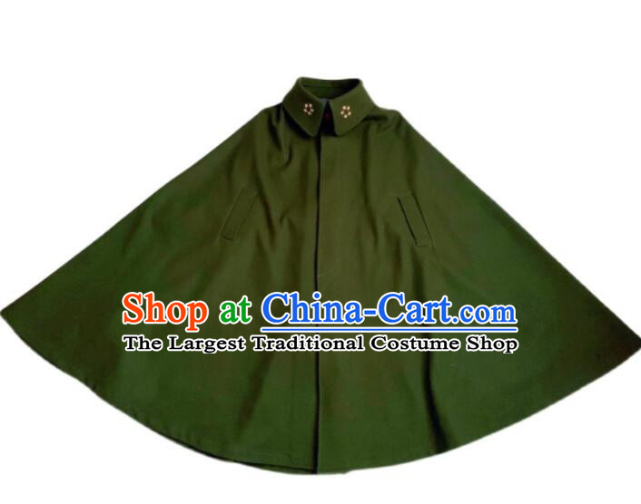 Chinese Woolen Cappa Soldiers Short Mantle Traditional Military Officer Green Shawl
