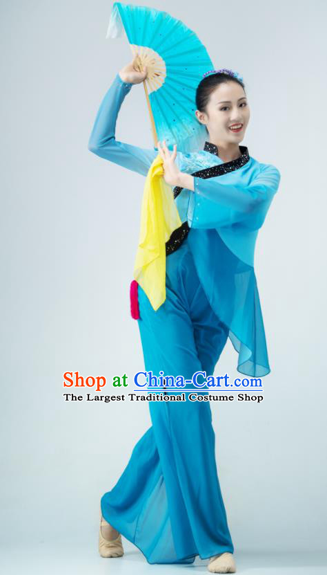 Chinese Fan Dance Blue Outfit Women Group Garments Folk Dance Clothing Silk Fan Performance Costume
