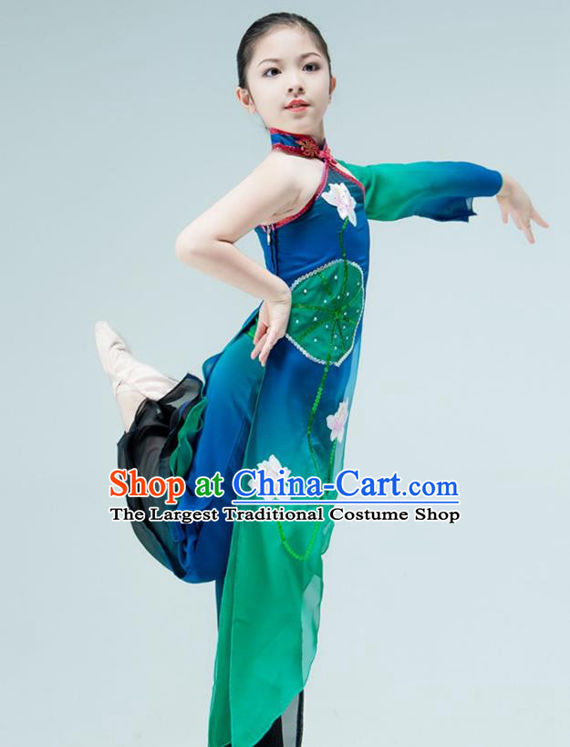Chinese Stage Performance Costume Children Umbrella Dance Green Dress Lotus Dance Garment Classical Dance Clothing