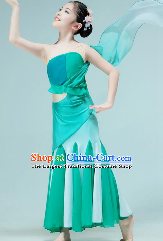 Chinese Children Peacock Dance Green Dress Dai Nationality Dance Garment Classical Dance Clothing Stage Performance Costume