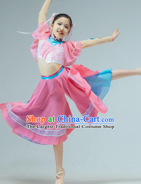 Chinese Stage Performance Costume Children Fan Dance Pink Dress Drum Dance Garment Folk Dance Clothing