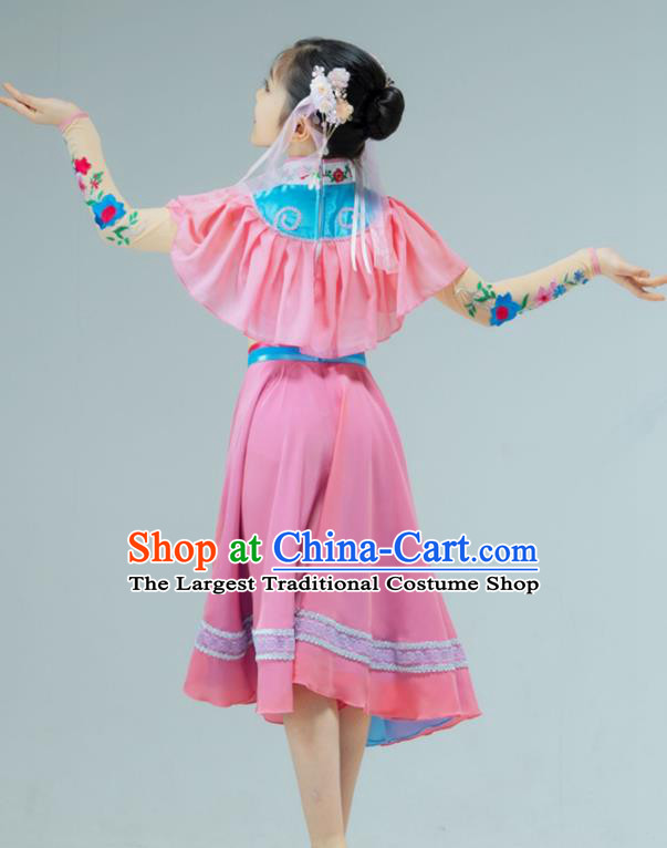 Chinese Stage Performance Costume Children Fan Dance Pink Dress Drum Dance Garment Folk Dance Clothing