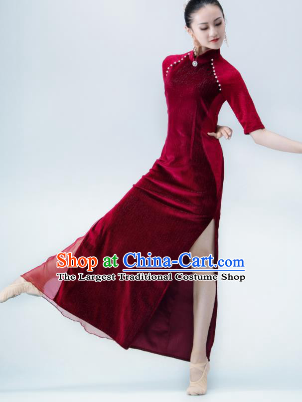 Chinese Classical Dance Clothing Qipao Performance Costume Women Dance Wine Red Velvet Cheongsam Ballet Dance Garment