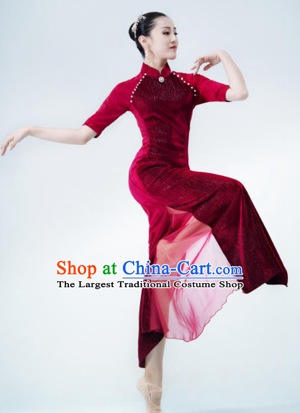 Chinese Classical Dance Clothing Qipao Performance Costume Women Dance Wine Red Velvet Cheongsam Ballet Dance Garment