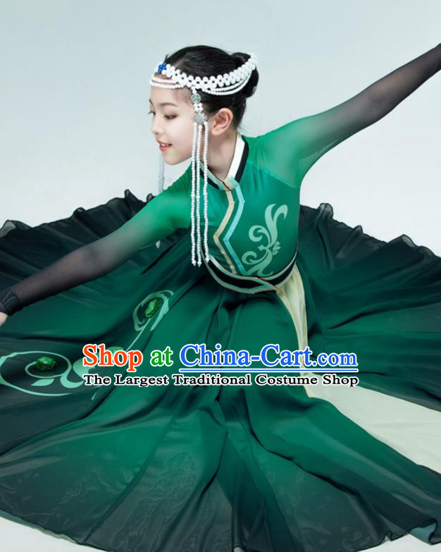 Chinese Stage Performance Costume Children Mongolian Dance Green Dress Mongol Nationality Dance Garment Classical Dance Clothing