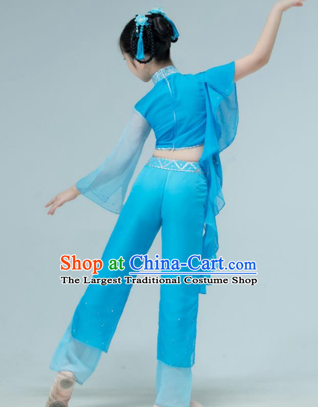 Chinese Children Dance Clothing Stage Performance Costume Folk Dance Blue Outfit Yangko Dance Garment