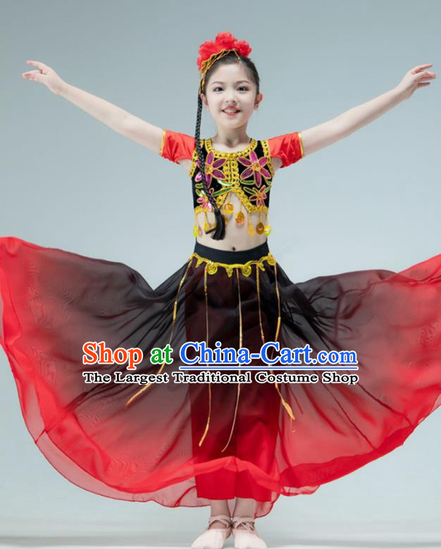 Chinese Xinjiang Dance Red Dress Outfit Uyghur Nationality Dance Garment Children Dance Clothing Stage Performance Costume