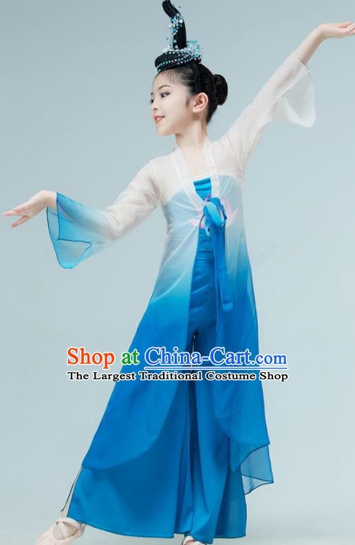 Chinese Stage Performance Costume Classical Dance Blue Outfit Children Fan Dance Garments Lotus Dance Clothing