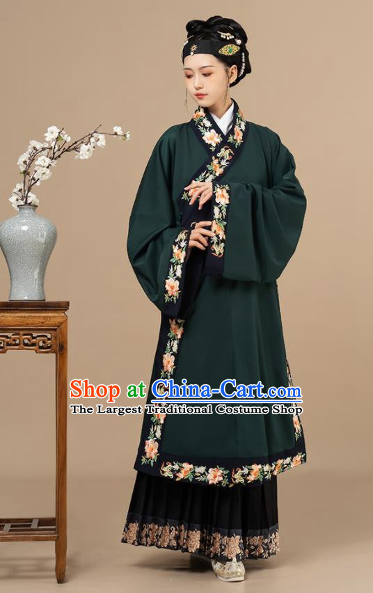 Chinese Traditional Historical Costumes Ming Dynasty Noble Woman Clothing Ancient Countess Dark Green Long Gown and Skirt Complete Set