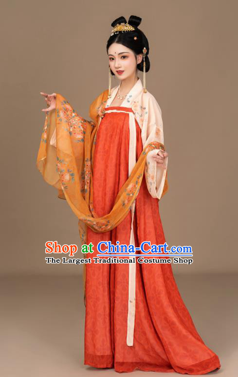 Chinese Tang Dynasty Princess Clothing Ancient Palace Lady Orange Hanfu Dress Traditional Historical Costumes