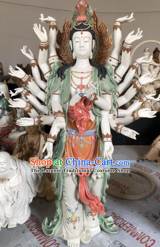 Handmade  inches Thousands Hands Guanyin Statue Arts Chinese Buddha Porcelain Sculpture Shi Wan Guan Yin Ceramic Figurine