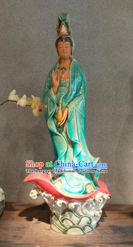 Handmade Shi Wan Guan Yin Ceramic Figurine 38 inches Standing Guanyin Statue Chinese Green Mother Buddha Porcelain Arts