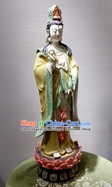 Chinese Buddha Goddess Porcelain Arts Shi Wan Guan Yin Ceramic Figurine Handmade 28 inches Standing Guanyin Statue