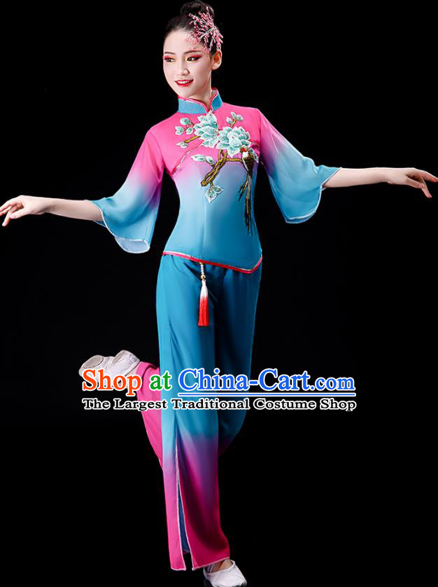 Chinese Yangko Dance Gradient Pink to Blue Outfit Folk Dance Costume Stage Performance Clothing