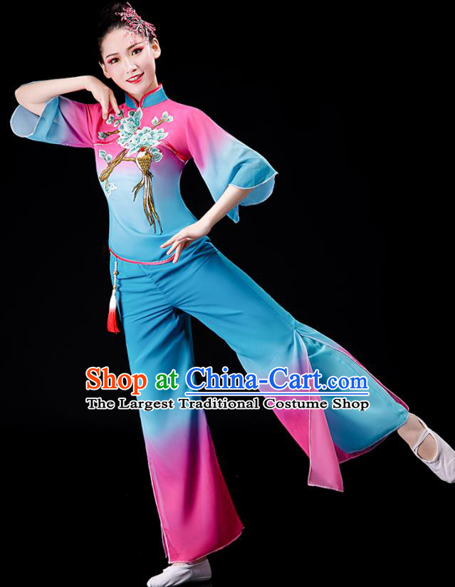 Chinese Yangko Dance Gradient Pink to Blue Outfit Folk Dance Costume Stage Performance Clothing