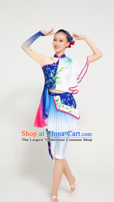 Chinese Stage Performance Blue Outfit Folk Dance Garment Costume Picking Tea Girl Dance Clothing