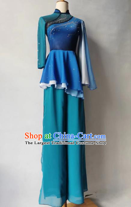 Chinese Fan Dance Garment Costumes Stage Performance Clothing Folk Dance Blue Outfit