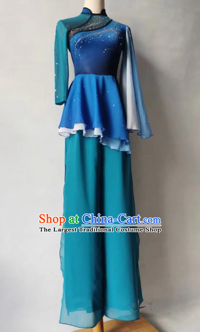 Chinese Fan Dance Garment Costumes Stage Performance Clothing Folk Dance Blue Outfit