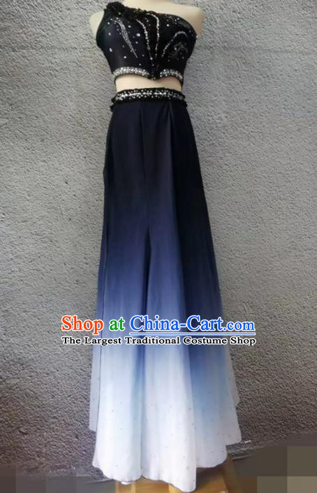 Chinese Yunnan Pavane Dance Garment Costumes Dai Nationality Stage Performance Clothing Peacock Dance Dark Blue Dress Outfit