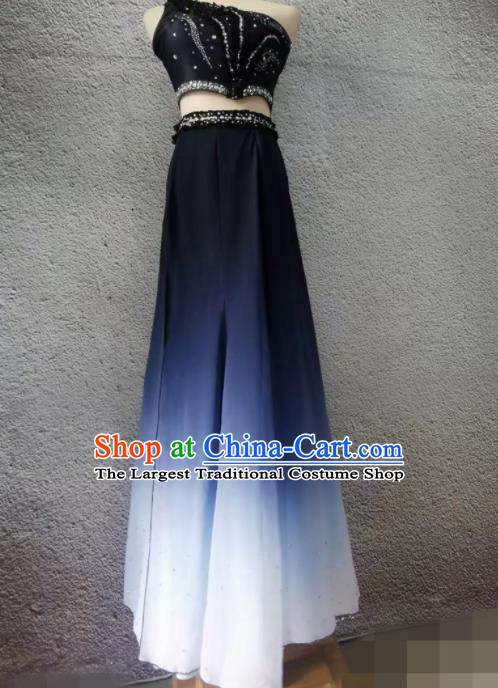 Chinese Yunnan Pavane Dance Garment Costumes Dai Nationality Stage Performance Clothing Peacock Dance Dark Blue Dress Outfit